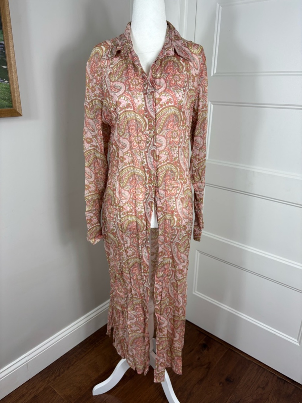 120% Lino Paisley Cotton Maxi Button Up Blouse Size 44